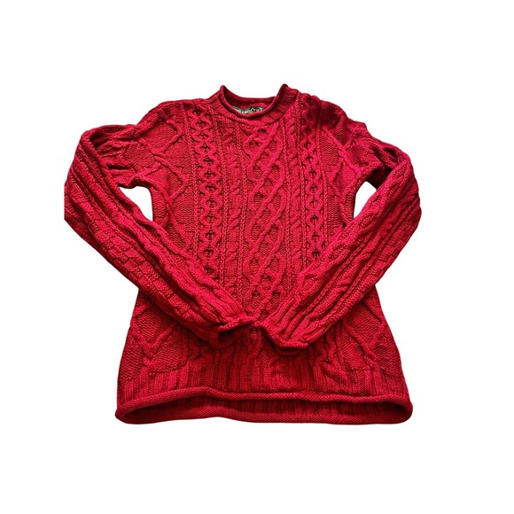 Inis Crafts Sweaters - Inis Crafts Women's Red Cable Knit roll Crewneck Pullover 100% Merino Wool S Y2K